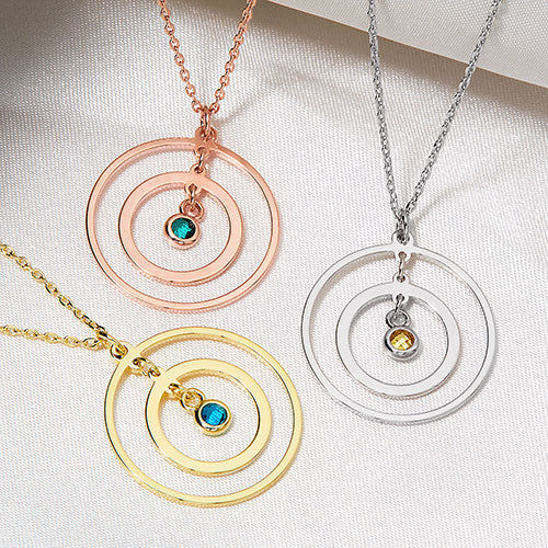 Sterling Silver Engraved Concentric Circles with Birthstone Pendant Necklace