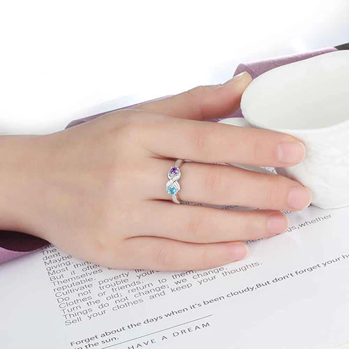Sterling Silver Engraved Double Birthstone Infinity CZ Ring - Image 2