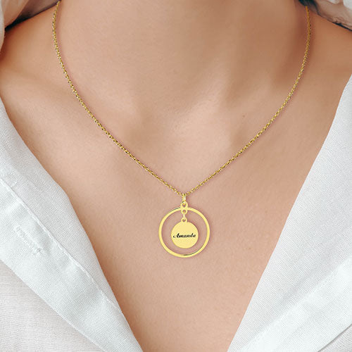 Sterling Silver Engraved Double Circle Pendant Necklace - Image 4