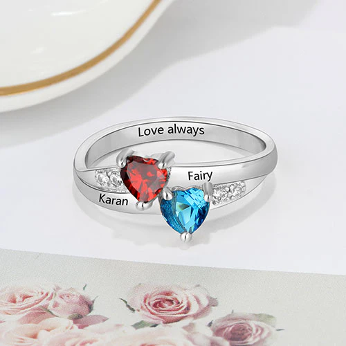 Sterling Silver Engraved Double Heart Birthstone and CZ Ring - Image 2
