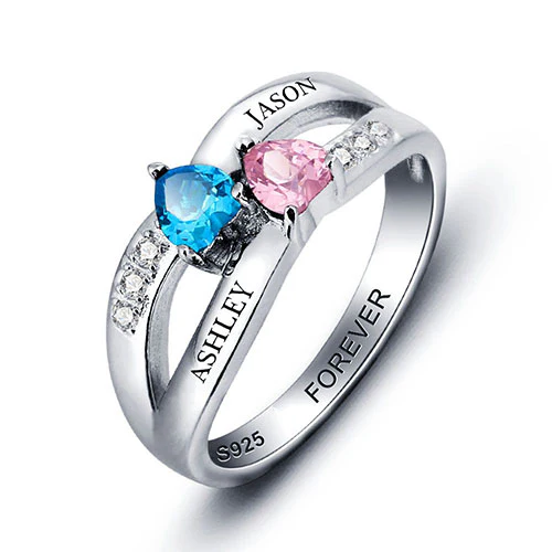 Sterling Silver Engraved Double Heart Birthstone and CZ Ring - Image 2