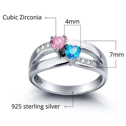 Sterling Silver Engraved Double Heart Birthstone and CZ Ring - Image 3