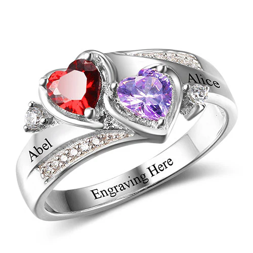 Sterling Silver Engraved Double Heart Birthstone and CZ Ring - Image 2