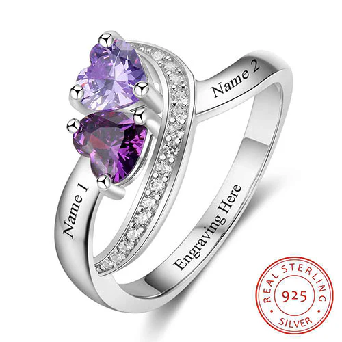Sterling Silver Engraved Double Heart Birthstone and CZ Ring
