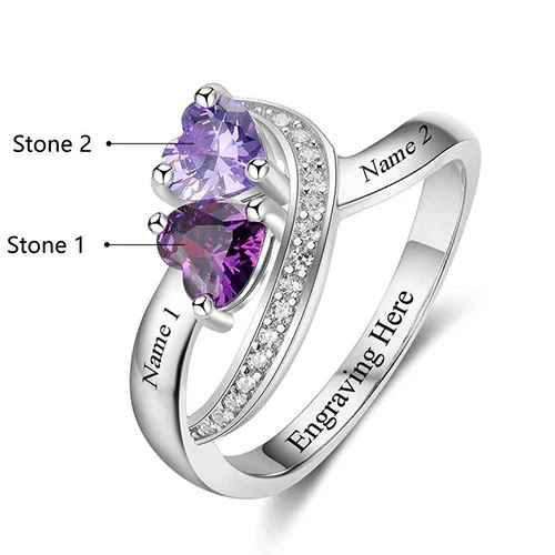 Sterling Silver Engraved Double Heart Birthstone and CZ Ring - Image 2