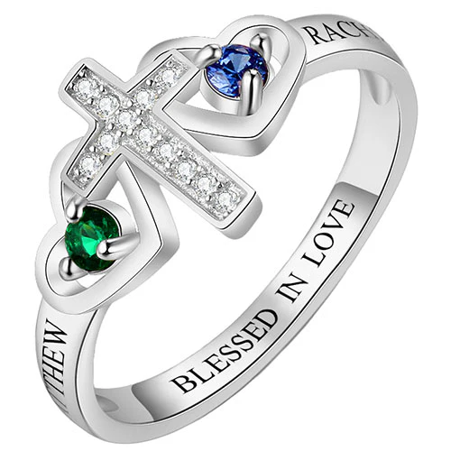 Sterling Silver Engraved Double Heart Birthstone with CZ Cross Ring - Image 2