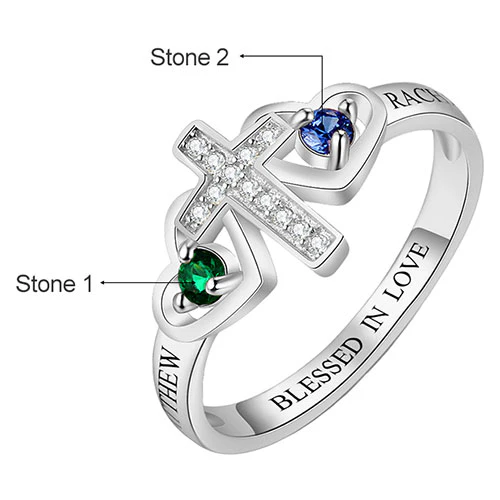 Sterling Silver Engraved Double Heart Birthstone with CZ Cross Ring - Image 3