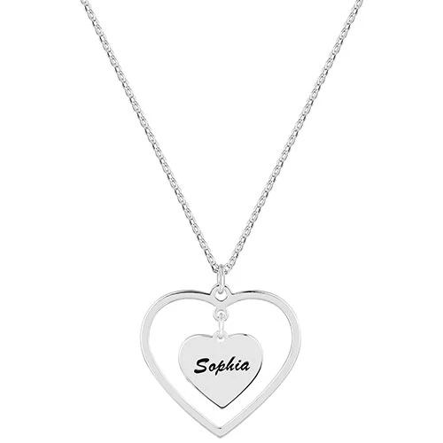 Sterling Silver Engraved Double Heart Pendant Necklace - Image 2