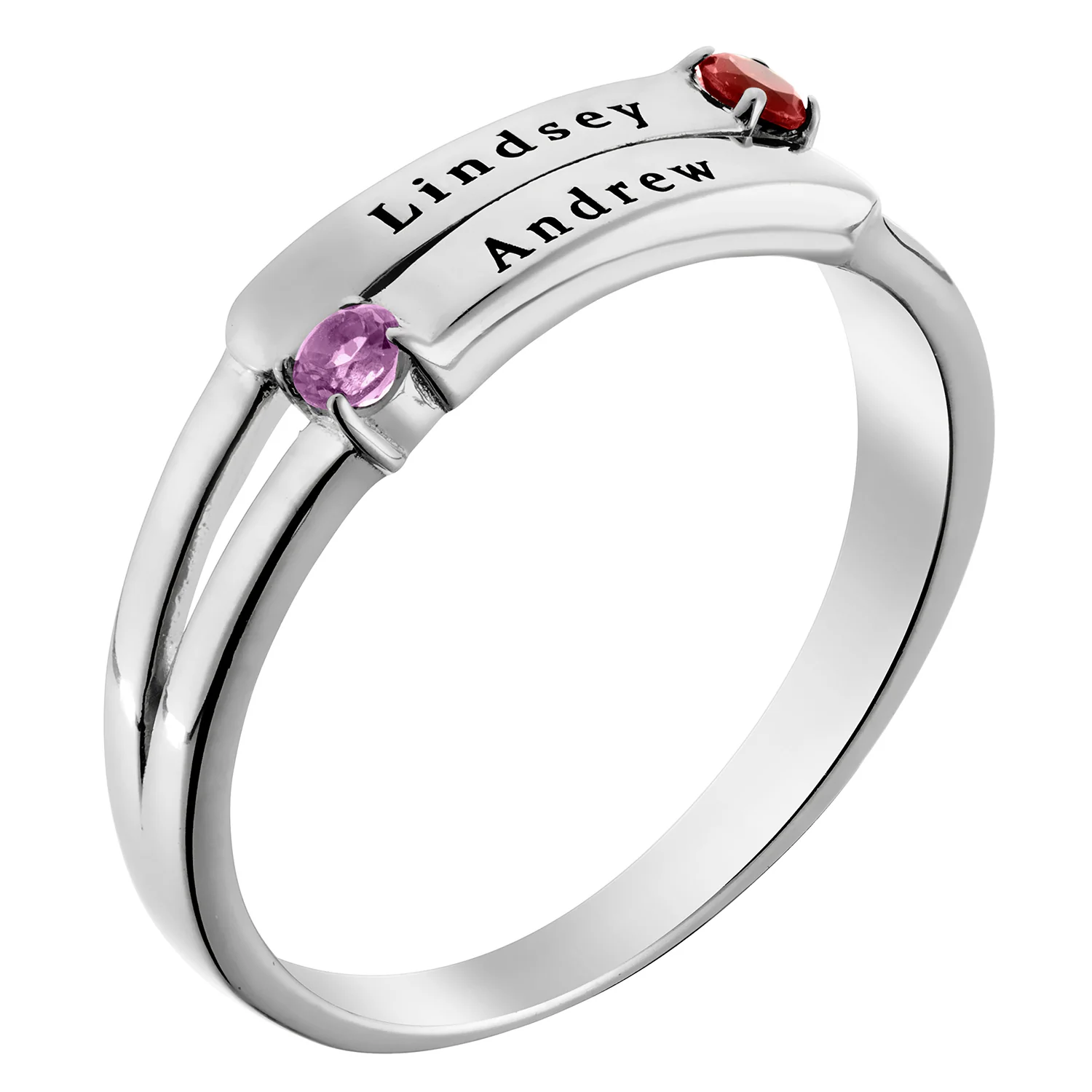 Sterling Silver Engraved Double Name and Genuine Birthstone Ring - Image 2