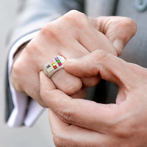 Sterling Silver Engraved Double Row Birthstones Signet Ring - Image 3