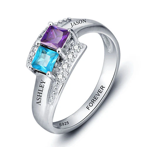 Sterling Silver Engraved Double Square Birthstone and CZ Ring - Image 2