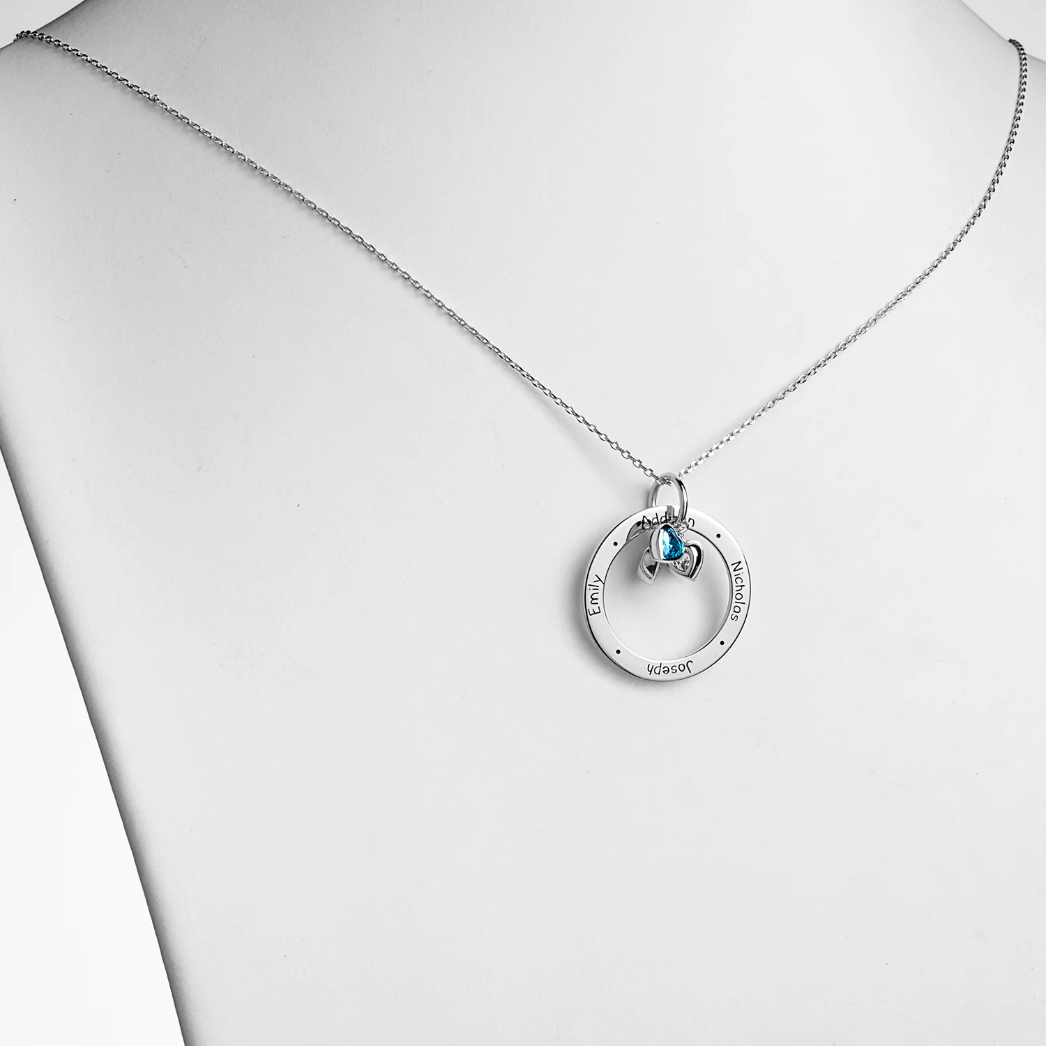 Sterling Silver Engraved Family Names Circle with Heart Birthstones Necklace - Image 2