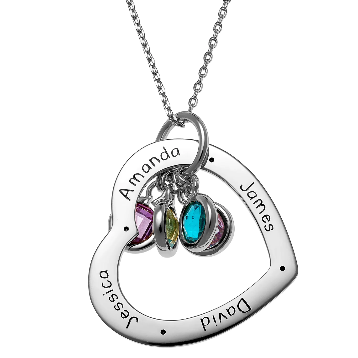 Sterling Silver Engraved Family Names Heart with Birthstones Necklace