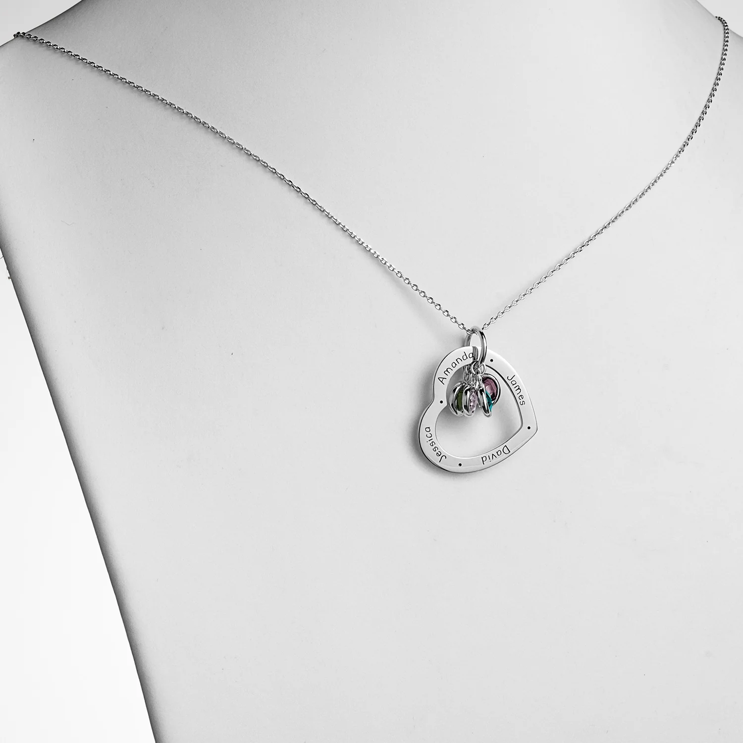 Sterling Silver Engraved Family Names Heart with Birthstones Necklace - Image 2