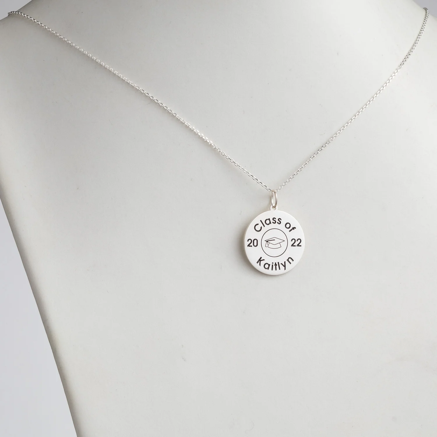 Sterling Silver Engraved Graduation Disc Necklace with Grad Cap - Image 2