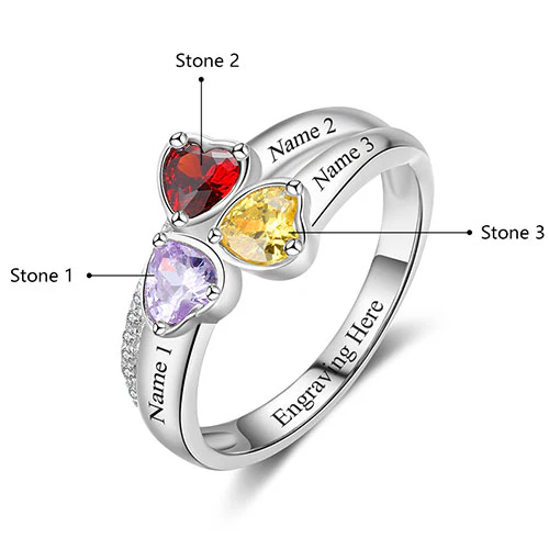 Sterling Silver Engraved Heart Birthstone 3-Stone Family Ring - Image 2