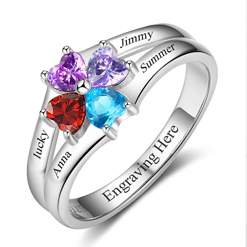 Sterling Silver Engraved Heart Birthstone 4-Stone Family Ring