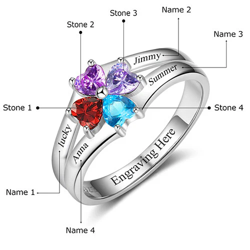 Sterling Silver Engraved Heart Birthstone 4-Stone Family Ring - Image 2