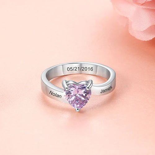 Sterling Silver Engraved Heart Birthstone Ring - Image 2