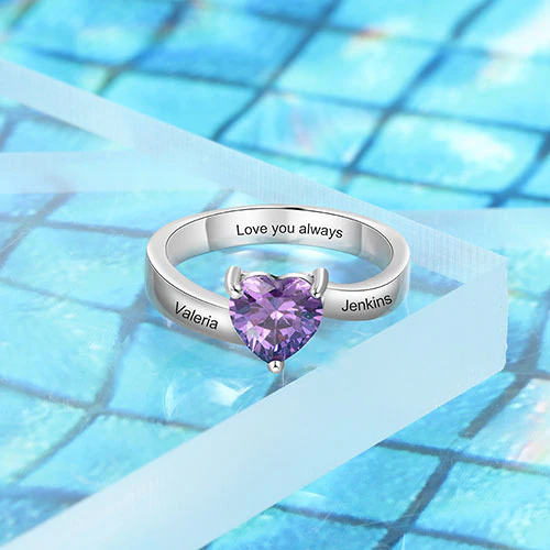 Sterling Silver Engraved Heart Birthstone Ring - Image 3