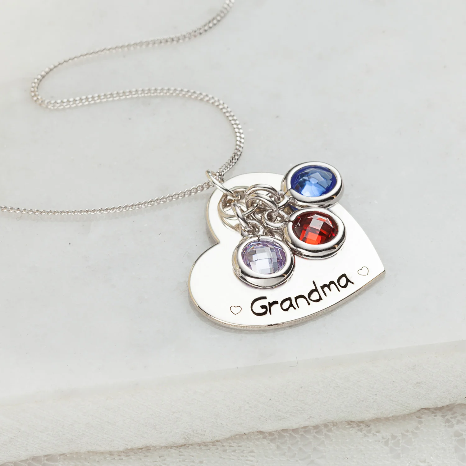 Sterling Silver Engraved Heart with Birthstones Pendant - Image 2