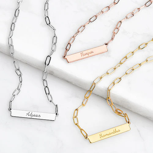Sterling Silver Engraved Horizontal Bar Paperclip Chain Necklace
