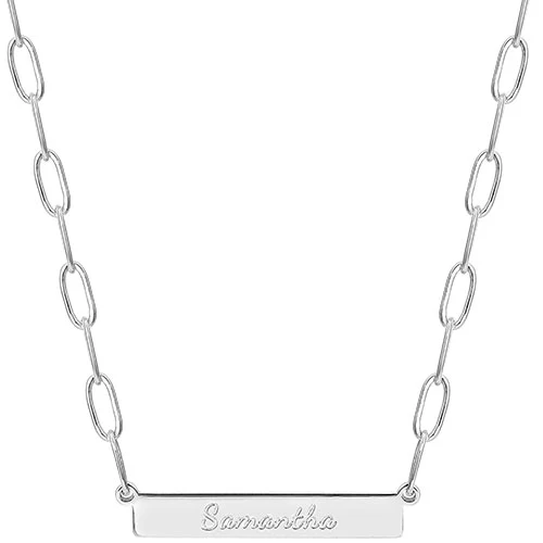 Sterling Silver Engraved Horizontal Bar Paperclip Chain Necklace - Image 2
