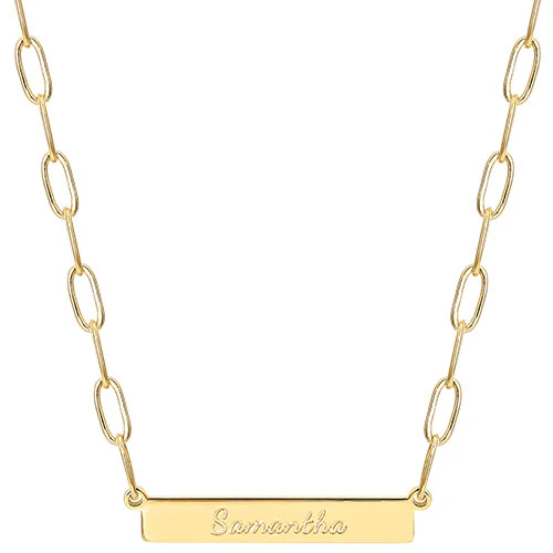 Sterling Silver Engraved Horizontal Bar Paperclip Chain Necklace - Image 4