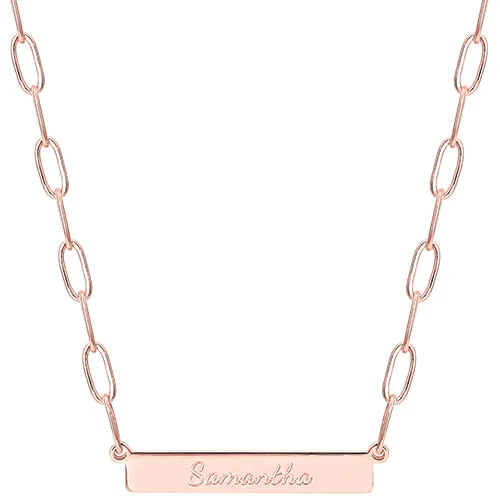 Sterling Silver Engraved Horizontal Bar Paperclip Chain Necklace - Image 6