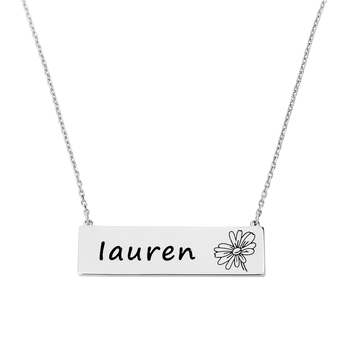 Sterling Silver Engraved Name and Birthflower Bar Necklace - Image 2