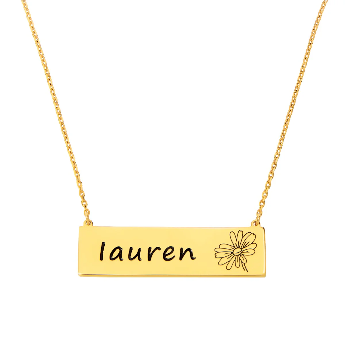 Sterling Silver Engraved Name and Birthflower Bar Necklace - Image 4