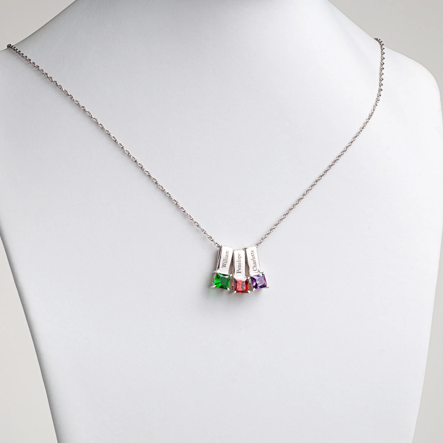 Sterling Silver Engraved Name and Birthstone Charm 3 Piece Pendant - Image 3