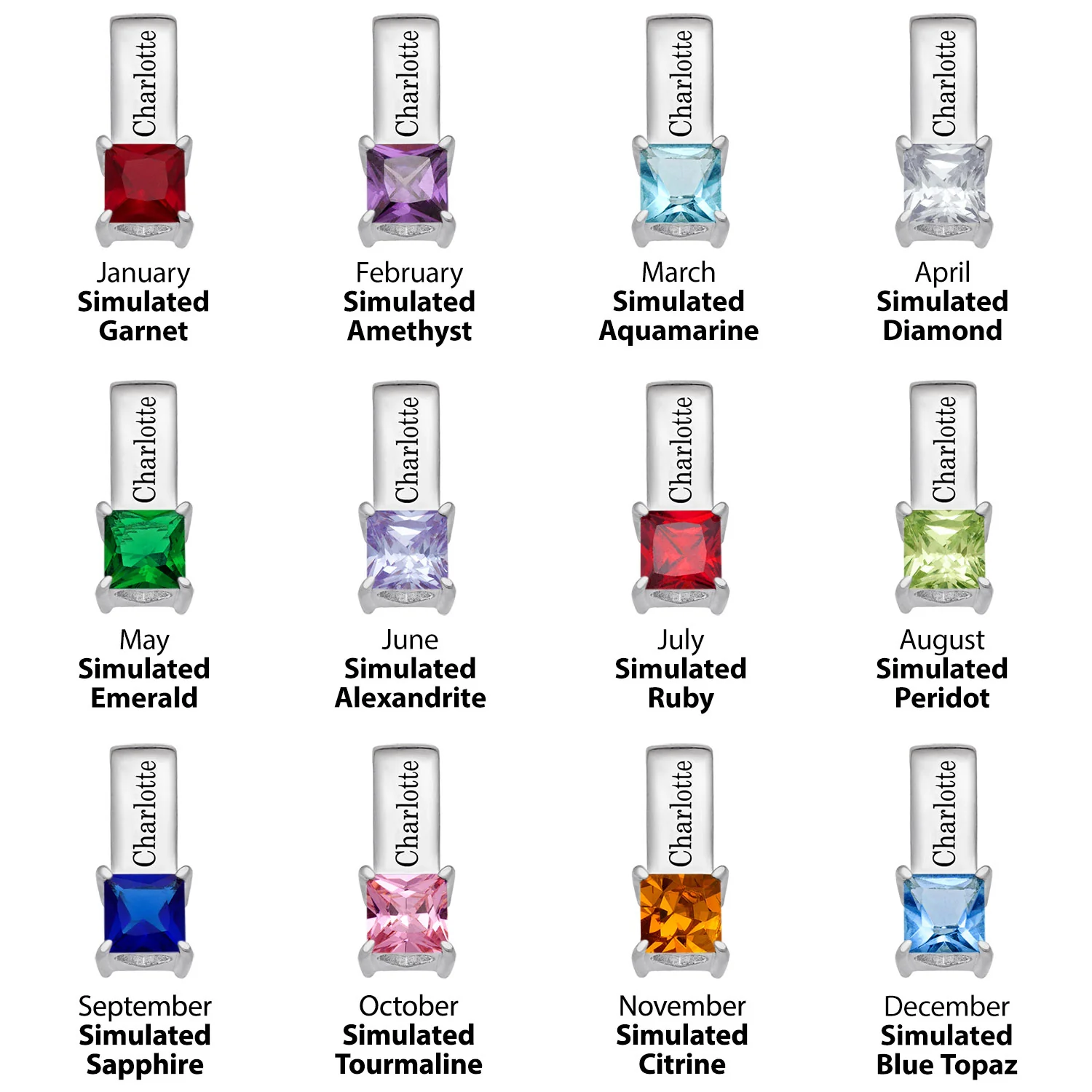 Sterling Silver Engraved Name and Birthstone Charm 3 Piece Pendant - Image 4