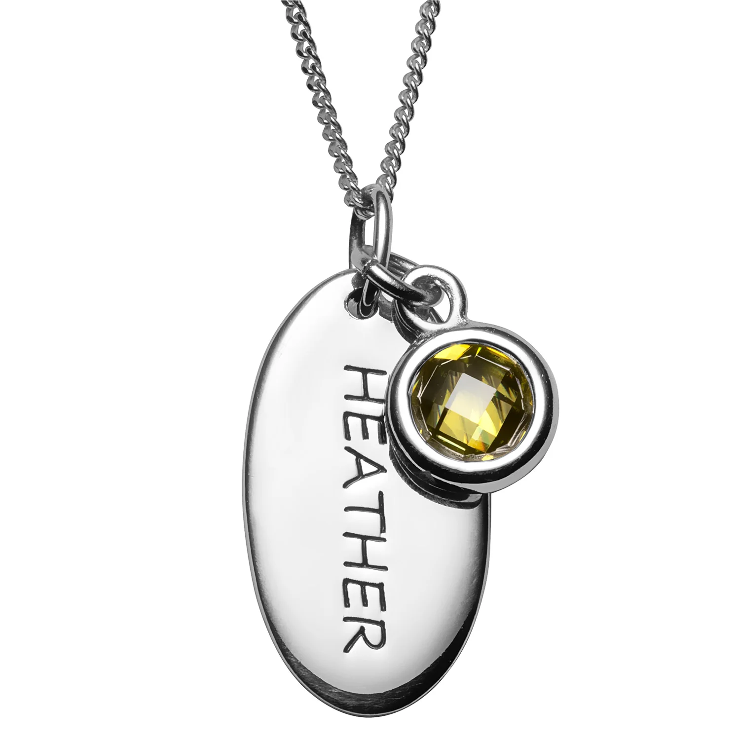 Sterling Silver Engraved Name and Birthstone Oval Tag Pendant