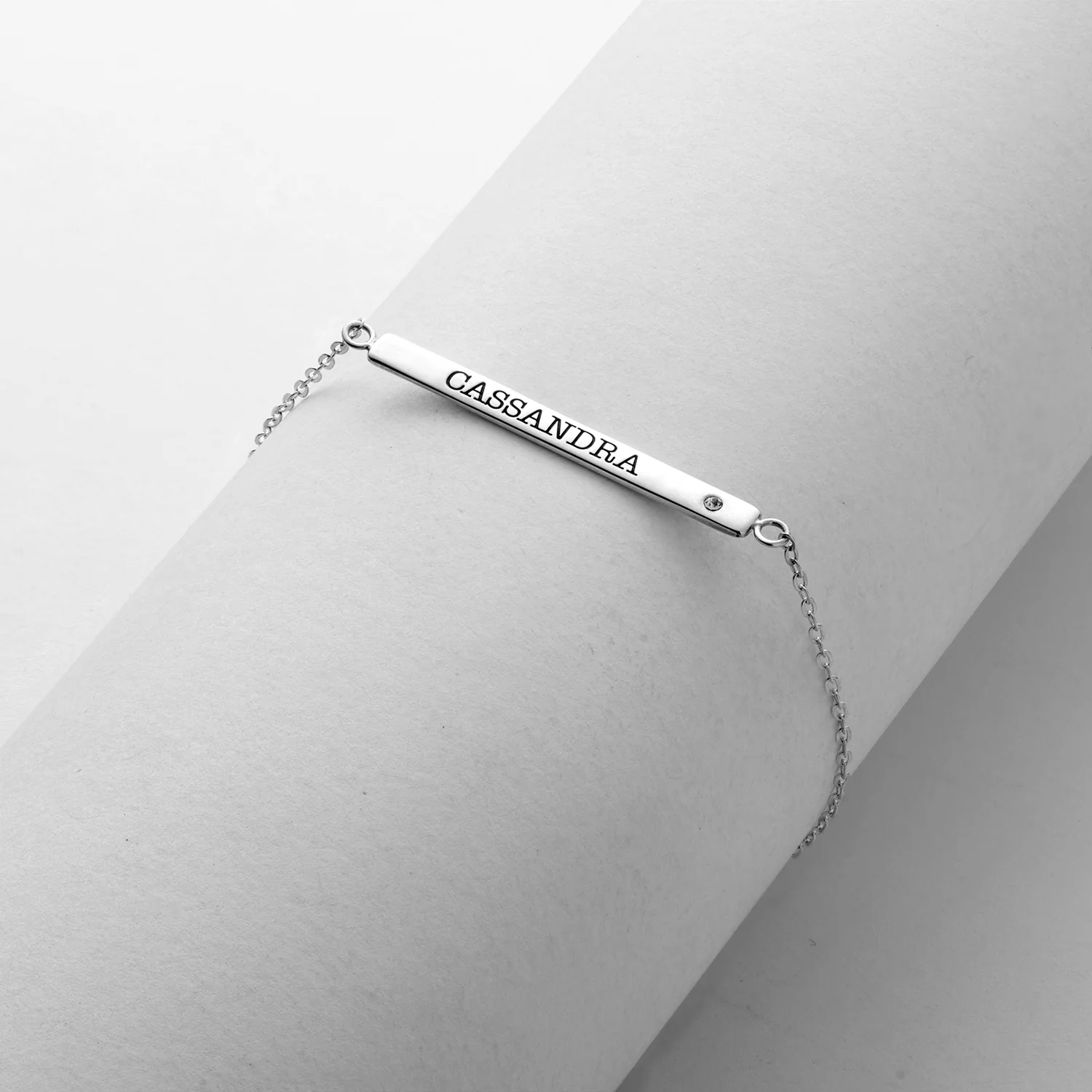 Sterling Silver Engraved Name Bar Bracelet with CZ - Image 2