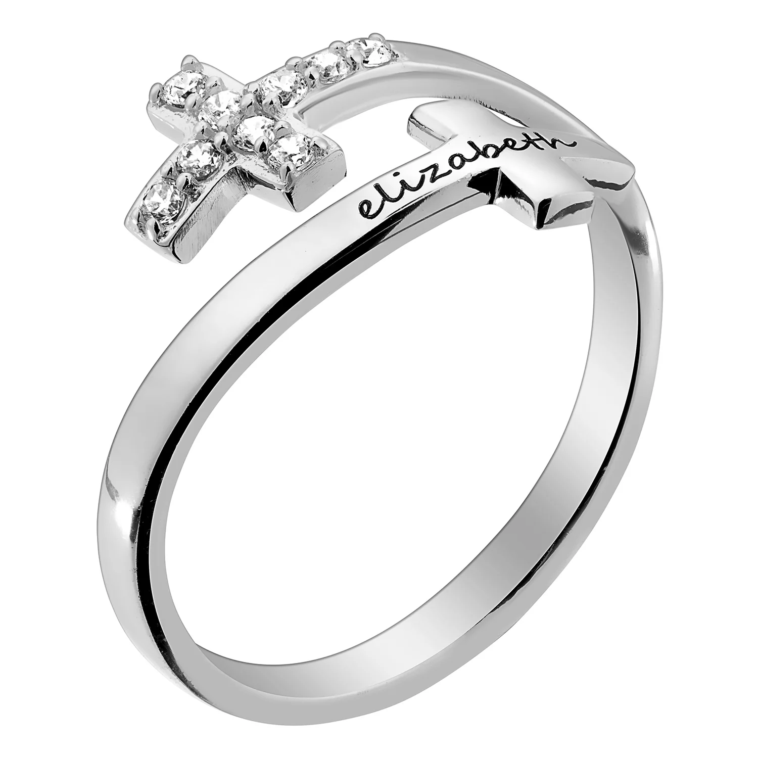 Sterling Silver Engraved Name Double Cross Ring with Crystals - Image 2