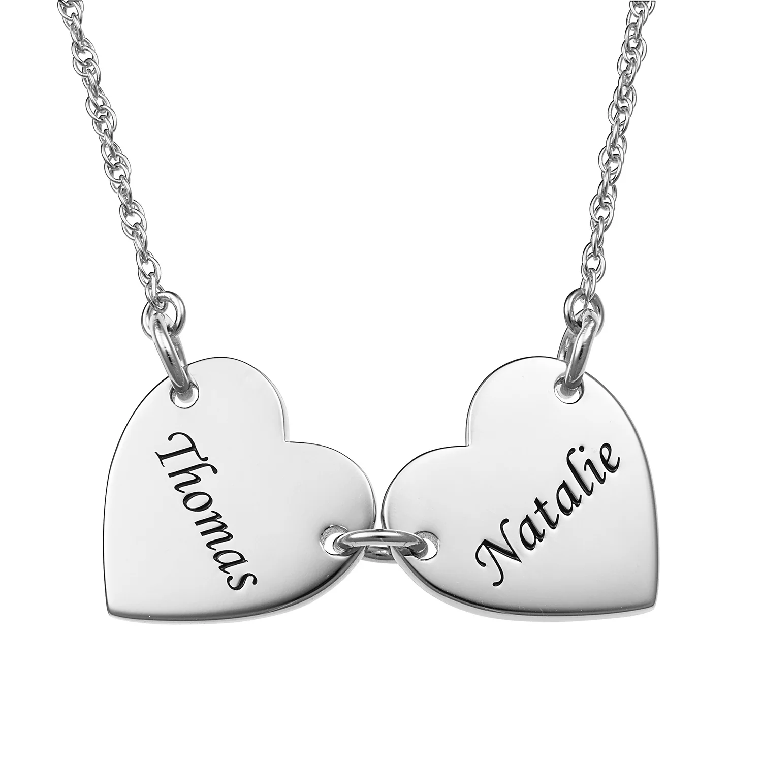 Sterling Silver Engraved Name Heart Station Necklace - 2 Names