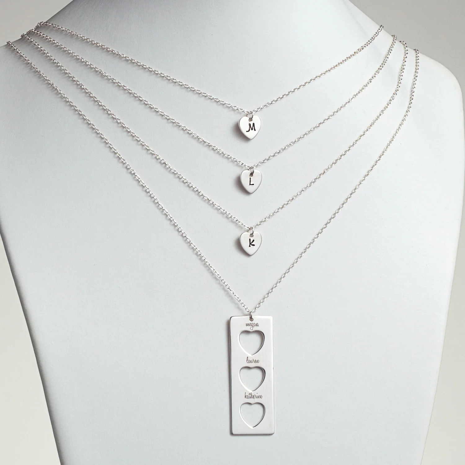 Sterling Silver Engraved Triple Heart Cutout 4-pc Necklace Set - Image 5