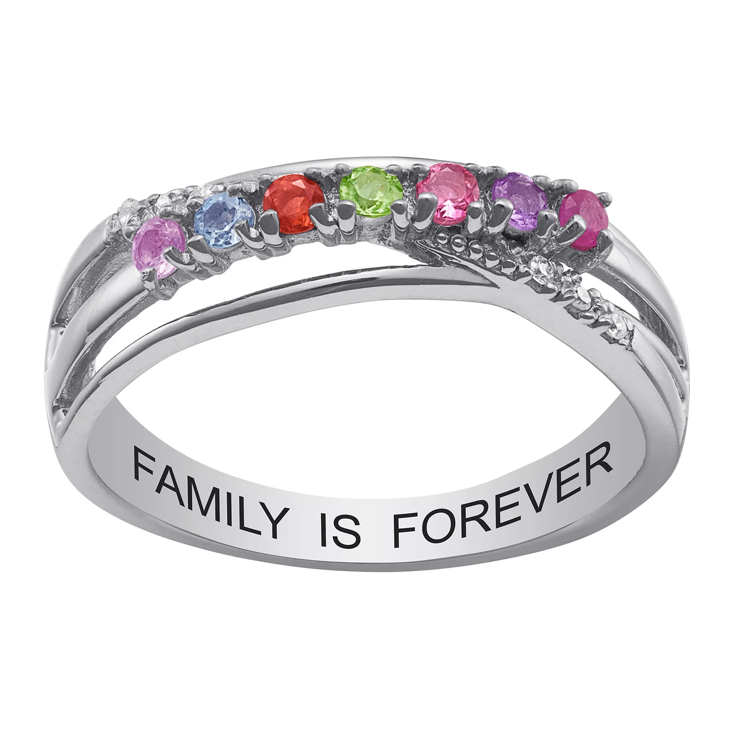 Sterling Silver Family Birthstone with Clear Crystal Crossover Ring