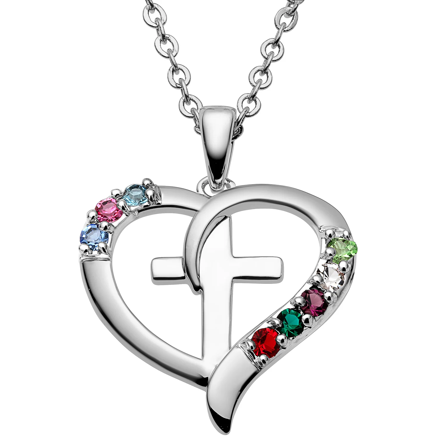 Sterling Silver Family Heart and Cross Birthstone Pendant