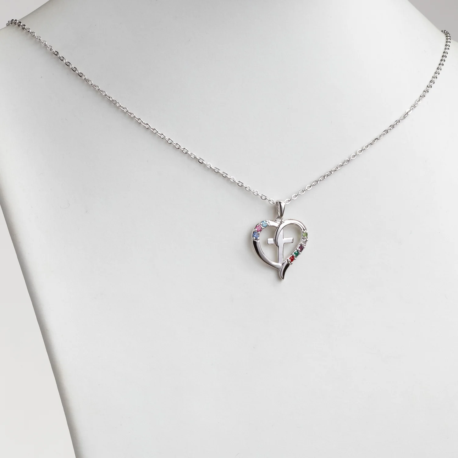 Sterling Silver Family Heart and Cross Birthstone Pendant - Image 2