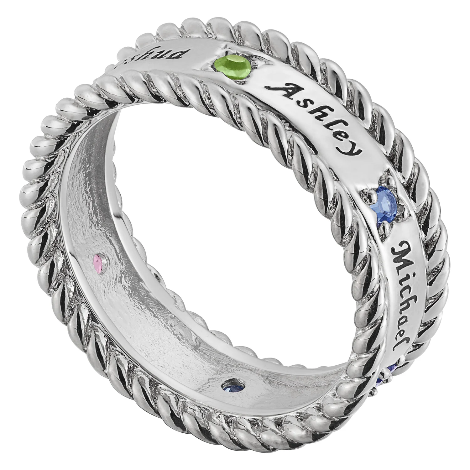 Sterling Silver Family Name and Birthstone Rope Edged Band - Image 2