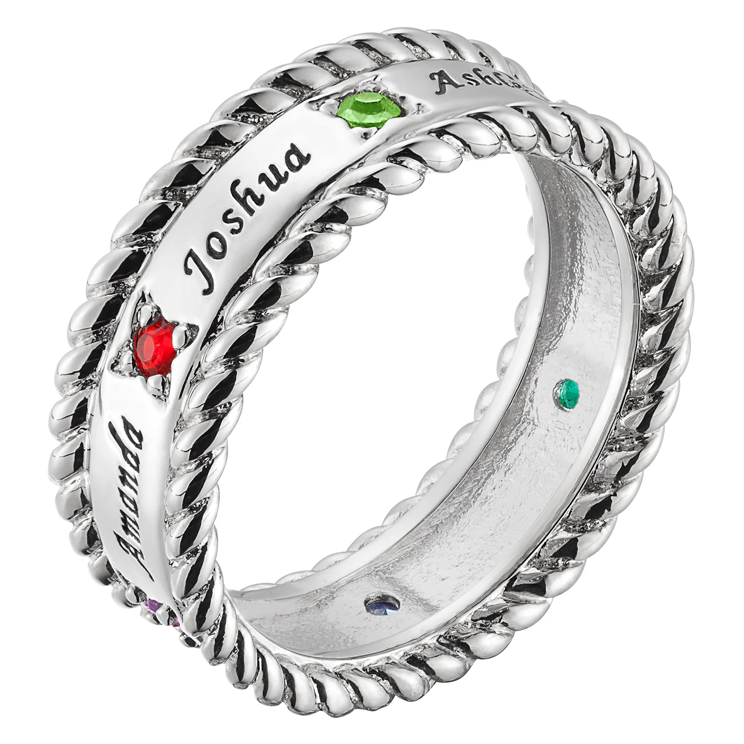 Sterling Silver Family Name and Birthstone Rope Edged Band - Image 3