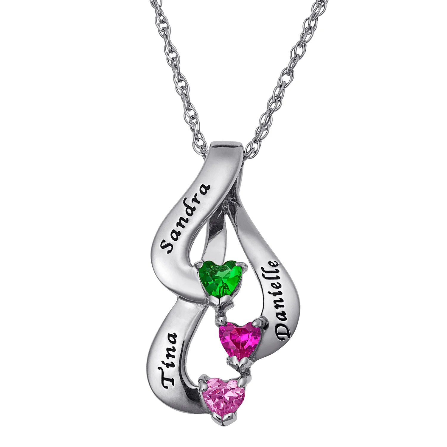 Sterling Silver Family or Sisters Name and Heart Birthstone Pendant