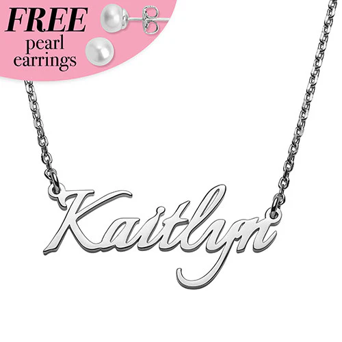 Sterling Silver Fancy Script Name Plaque with Free Fresh Water Pearl Earrings