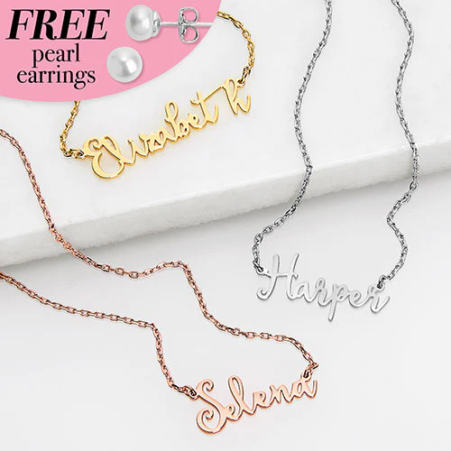Sterling Silver Fancy Script Name Plaque with Free Fresh Water Pearl Earrings - Image 6