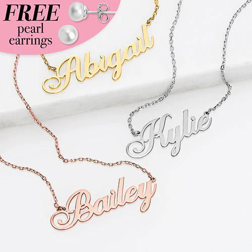Sterling Silver Fancy Script Name Plaque with Free Fresh Water Pearl Earrings - Image 6