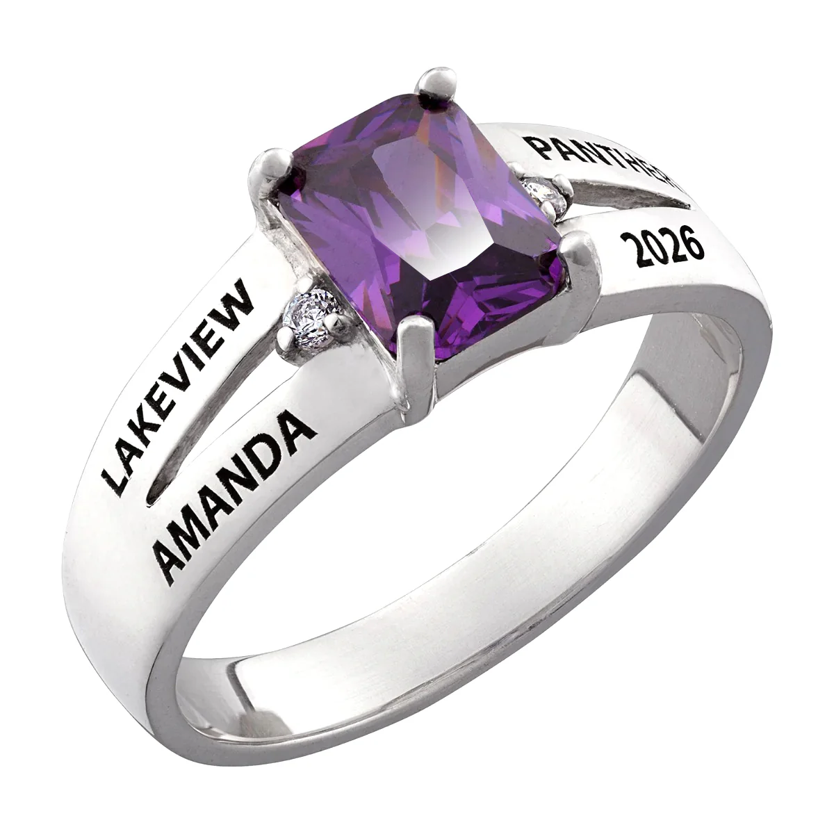 Sterling Silver Freestyle Emerald-cut Birthstone and Diamond Accents Class Ring - Image 2