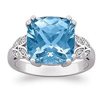 Sterling Silver Genuine Cushion-cut Blue Topaz & Diamond Ring