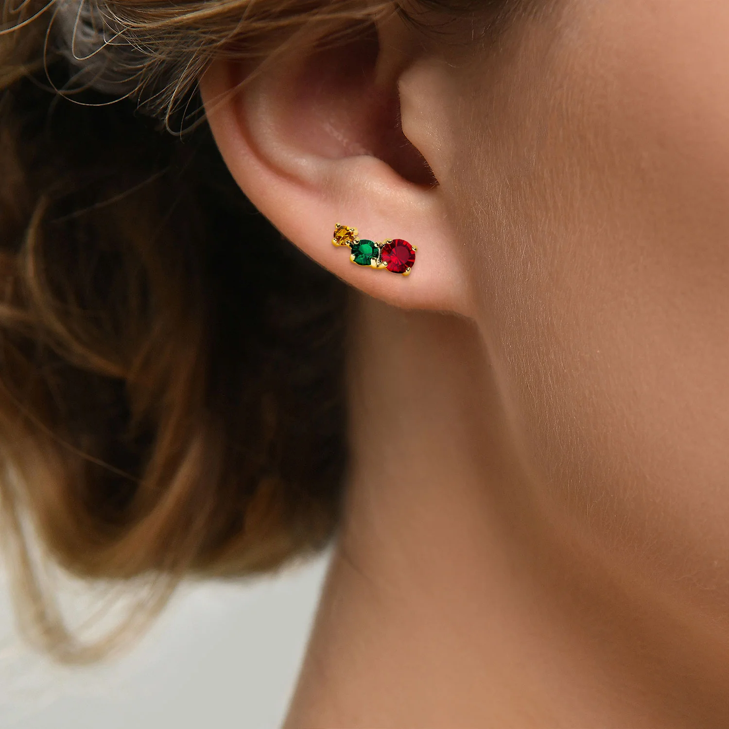 Sterling Silver Graduated 3 Birthstone Crawler Stud Earring - Image 2